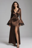Coffee Satin V-Neck Long Sheath Formal Dress with Slit