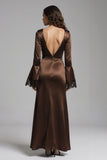 Coffee Satin V-Neck Long Sheath Formal Dress with Slit