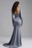 Dusty Blue Satin Sheath Long Sleeves Formal Dress with Rhinestones