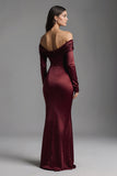 Burgundy Sheath Off the Shoulder Satin Long Formal Dress with Slit