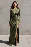 Olive Mermaid Satin Long Sleeves Formal Dress with Slit