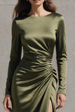Olive Mermaid Satin Long Sleeves Formal Dress with Slit