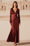 Burgundy Satin Mermaid V-Neck Long Formal Dress
