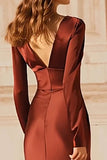 Burgundy Satin Mermaid V-Neck Long Formal Dress