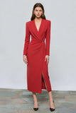 Red Peak Lapel Sheath Long Sleeve Work Dress with Slit