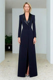 Navy Shawl Lapel A Line Blazer Dress with Slit