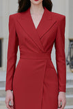 Red Sheath Peak Lapel Midi Work Dress with Slit