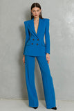 Blue 2-piece Double-breasted Peak Lapel Women Suits
