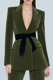 Olive Velvet Peak Lapel 2 Piece Women's Business Suits with Belt