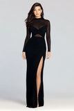 Black Sheath High Neck Long Sleeve Formal Dress with Slit