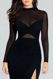 Black Sheath High Neck Long Sleeve Formal Dress with Slit