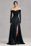 Black Off the Shoulder Mermaid Satin Formal Dress with Long Sleeves
