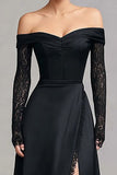 Black Off the Shoulder Mermaid Satin Formal Dress with Long Sleeves