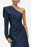 Navy One Shoulder Mermaid Long Sleeve Formal Dress
