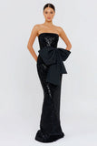 Strapless Black Sequin Mermaid Long Formal Dress with Bow