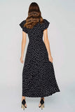 A-Line Round Neck Long Black White Dots Dress