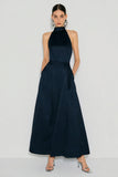 Halter Navy A-Line Long Satin Dress with Pockets