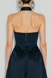 Halter Navy A-Line Long Satin Dress with Pockets