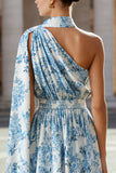 White Blue Flower A Line One Shoulder Print Convertible Dress with Streamer