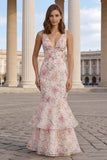 Sparkly Pink Floral Beaded Mermaid V-Neck Long Formal Dress with Ruffles