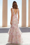 Sparkly Pink Floral Beaded Mermaid V-Neck Long Formal Dress with Ruffles