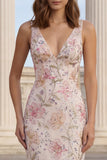 Sparkly Pink Floral Beaded Mermaid V-Neck Long Formal Dress with Ruffles