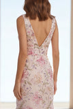 Sparkly Pink Floral Beaded Mermaid V-Neck Long Formal Dress with Ruffles