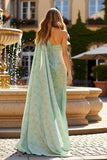 One Shoulder Sheath Sage Green Maxi Floral Dress with Cape