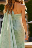 One Shoulder Sheath Sage Green Maxi Floral Dress with Cape
