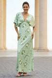 Sage Sheath V-Neck Long Floral Dress with Cape Sleeves