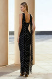 Strapless Black White Dots Sheath Chiffon Long Convertible Dress with Streamer