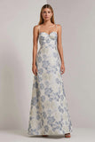 Dusty Blue A Line Spaghetti Straps Long Floral Dress