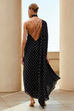 Black White Dots One Shoulder Sheath Long Convertible Dress with Streamer