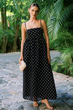Simple A-Line Spaghetti Straps Long Black White Dots Dress