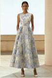 Dusty Blue Floral A Line Jacquard Long Formal Dress with Pockets