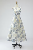 Dusty Blue Floral A Line Jacquard Long Formal Dress with Pockets