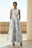 Dusty Blue A Line Floral Long Jacquard Dress with Pockets