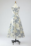 Dusty Blue Floral A Line Jacquard Long Formal Dress with Pockets