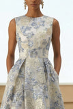 Dusty Blue Floral A Line Jacquard Long Formal Dress with Pockets