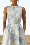 Dusty Blue A Line Floral Long Jacquard Dress with Pockets