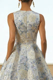 Dusty Blue Floral A Line Jacquard Long Formal Dress with Pockets