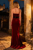 Burgundy Sheath Strapless Velvet Formal Dress with Bows