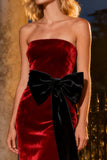 Burgundy Sheath Strapless Velvet Formal Dress with Bows