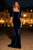 Navy Mermaid Square Neck Puff Sleeves Velvet Long Formal Dress