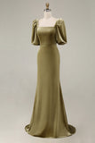 Navy Mermaid Square Neck Puff Sleeves Velvet Long Formal Dress