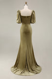 Navy Mermaid Square Neck Puff Sleeves Velvet Long Formal Dress