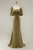 Navy Mermaid Square Neck Puff Sleeves Velvet Long Formal Dress