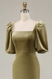 Navy Mermaid Square Neck Puff Sleeves Velvet Long Formal Dress