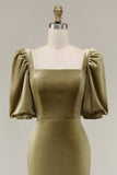 Navy Mermaid Square Neck Puff Sleeves Velvet Long Formal Dress