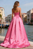Strapless Bright Pink A Line Prom Dress With Pearls